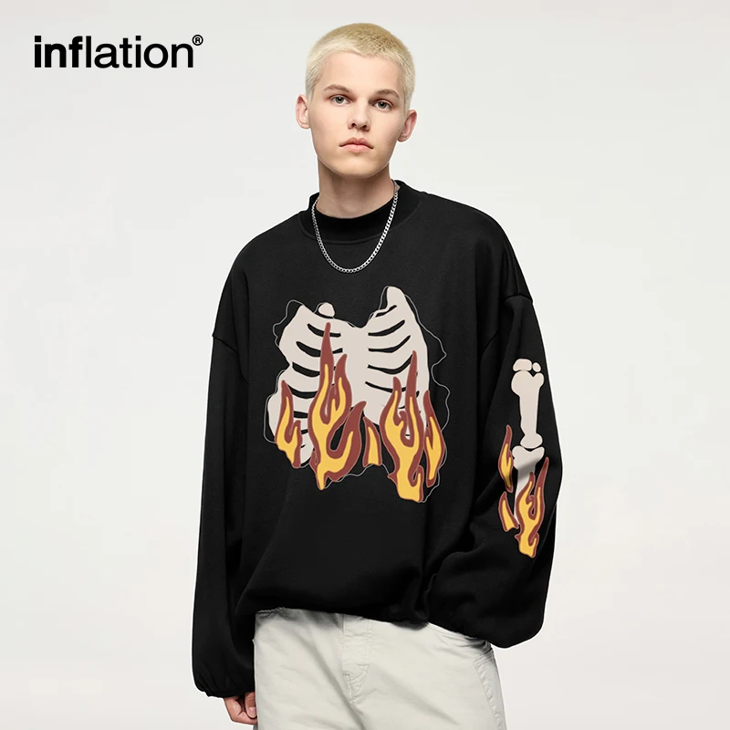 INFLATION Unisex Fire Bone Printed Crewneck Sweatshirt Fashion Trendy Loose Short Flame Velvet Hoodie for Men