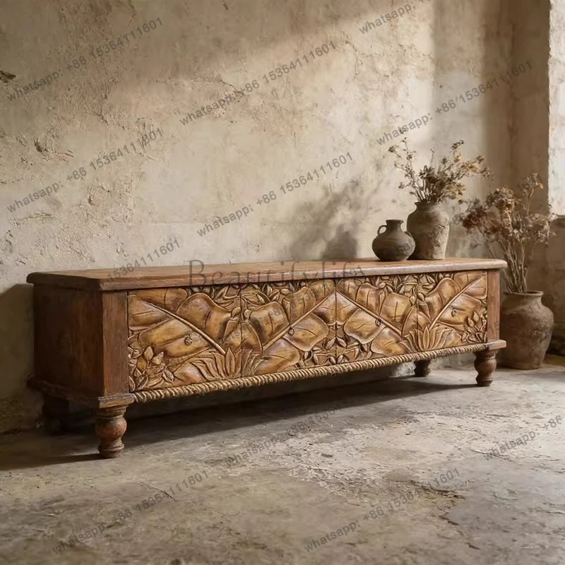South East Asia style furniture carved storage floor cabinet heightened bedroom TV148-4 Thai old elm TV cabinet