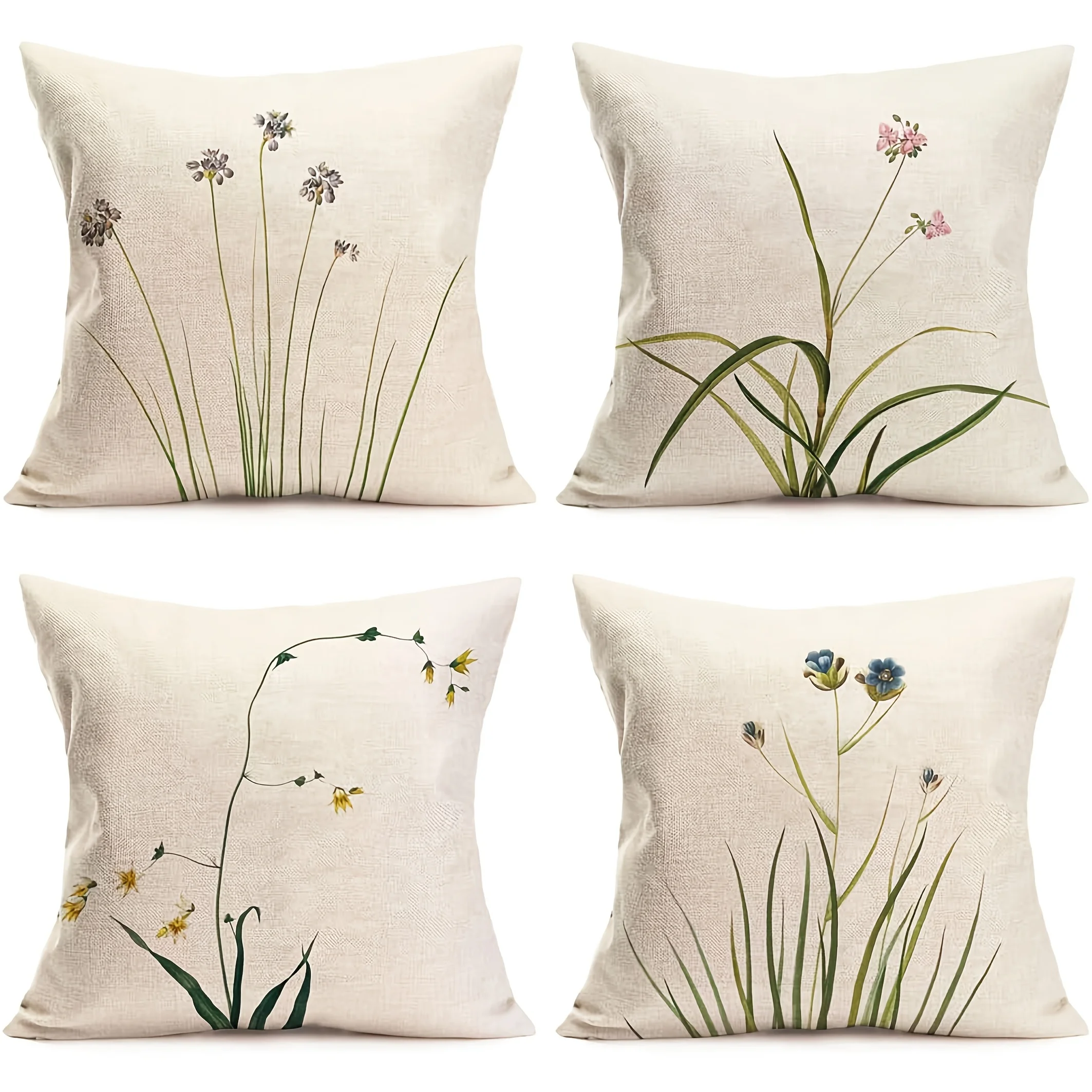 4Pcs Double‑Sided Spring Floral Plant Motif Pillow Covers, Square Cushion Cases for Sofa Home Decor (No Insert)