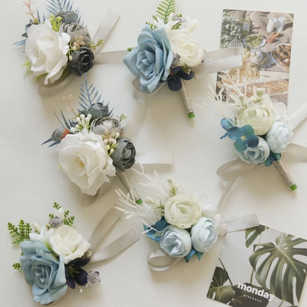 

Blue Groom Artifical Flowers Silk Rose Boutonniere Bridemaid Corsage Wedding Suits Marrige Accessories