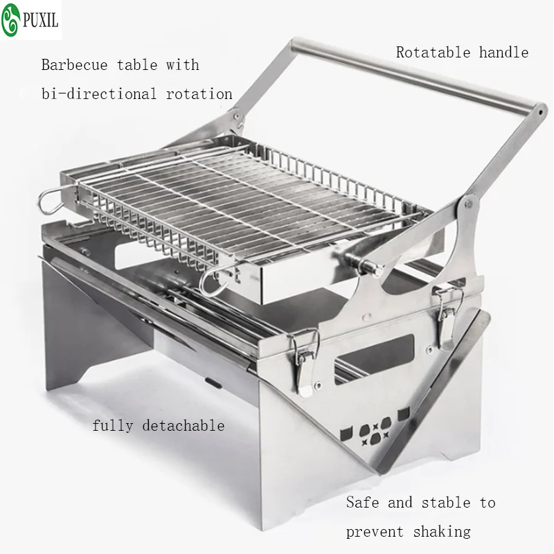 360 ° rotating barbecue grill, manual push-pull automatic flipping charcoal grill, suitable for outdoor camping and picnicking