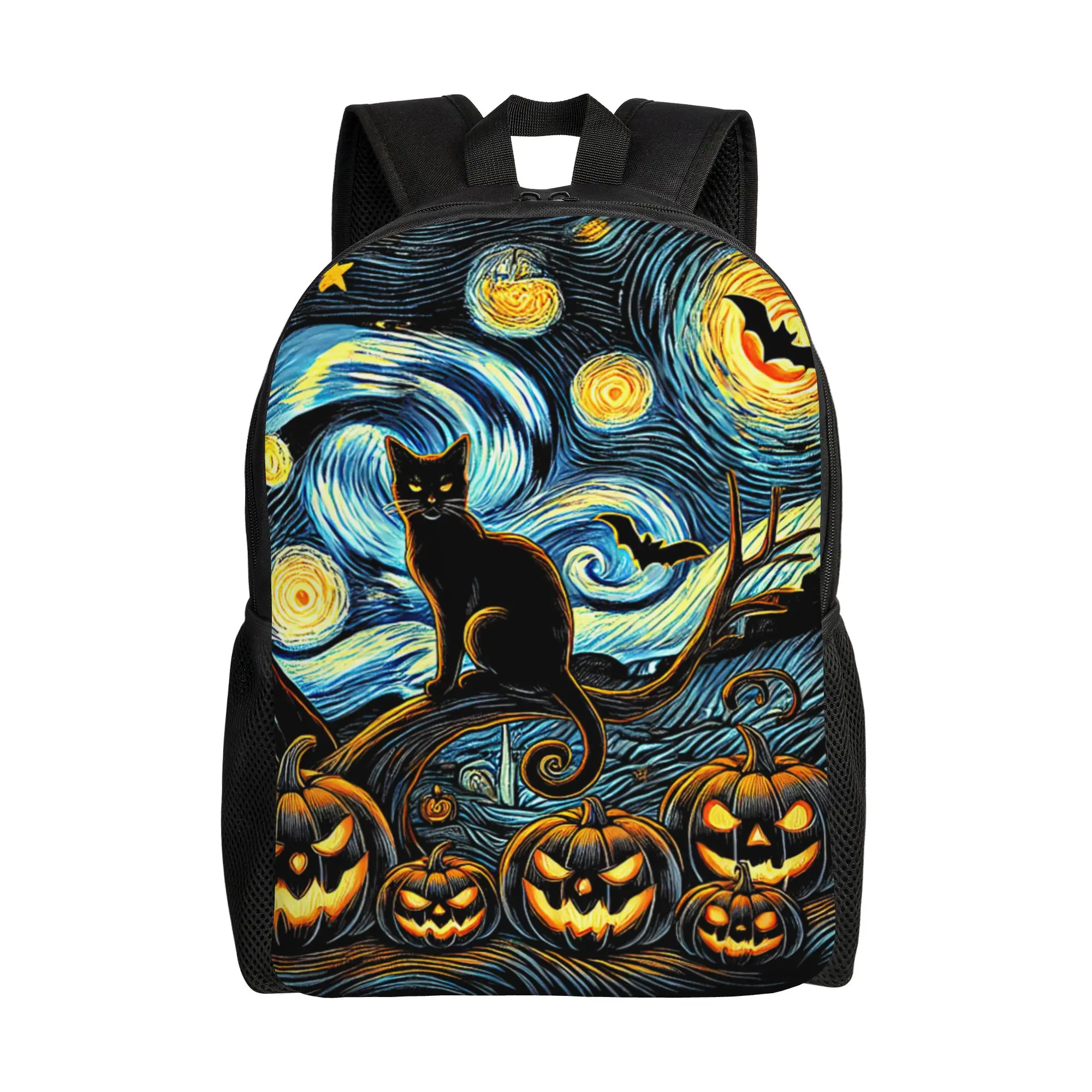 Halloween Van Gogh Starry Night Backpack High School Business Pumpkin Black Cat Daypack for Men Women College Shoulder Bag