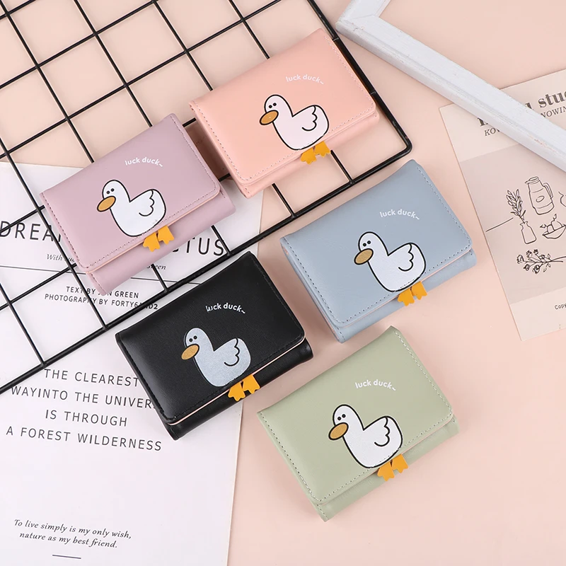 Creatieve Cartoon Luck Duck Design Dames Portemonnee Pu Lederen Bankkaarthouder Kawaii Korte Vouw Portefeuilles Cash Clip Vrouwen Portemonnees