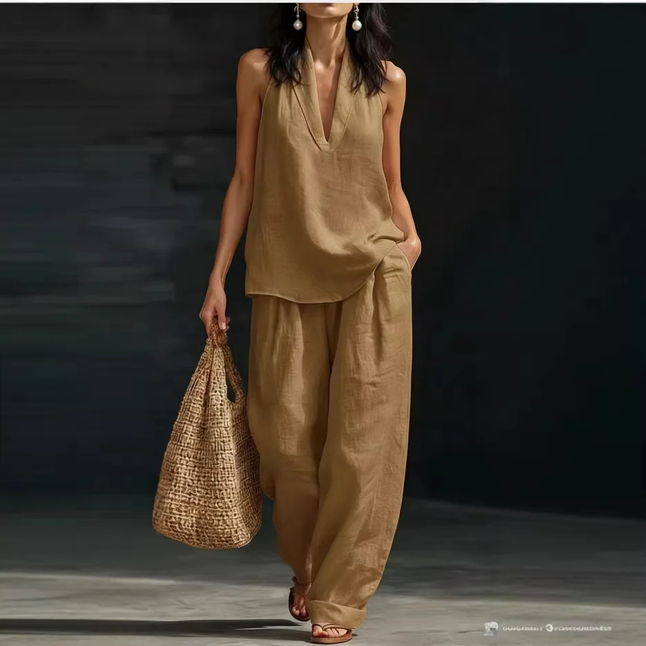

Ladies Sleeveless V Neck Halter Top Wide Leg Trousers Two Piece Set Summer Casual