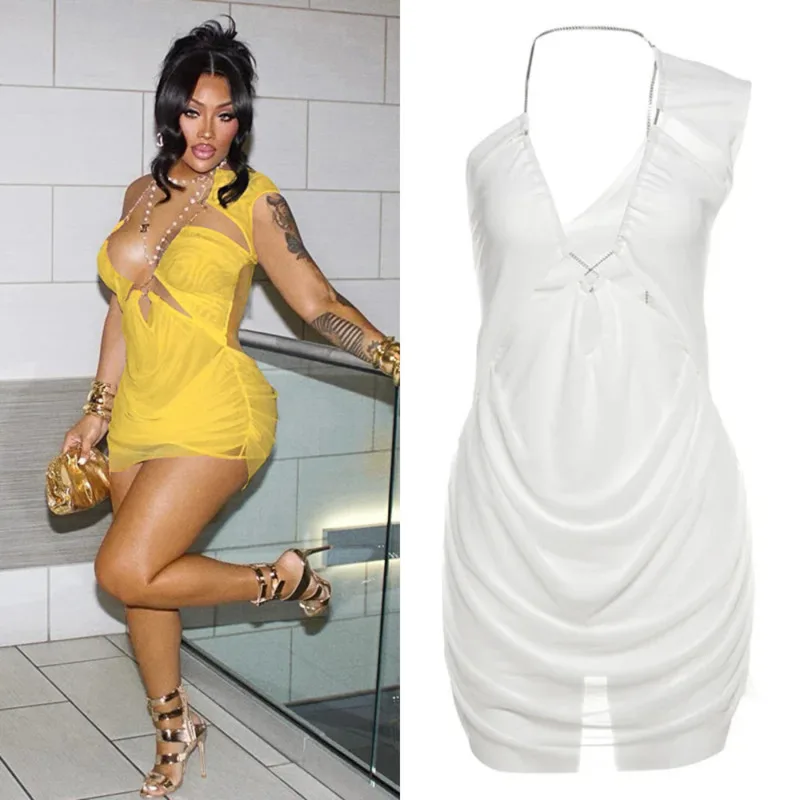 

Sexy See Through Bodycon Dress For Women Irregular Ruched Clubwear Halter Skew Collar With Metal Chains 2025 Party Coquette Look