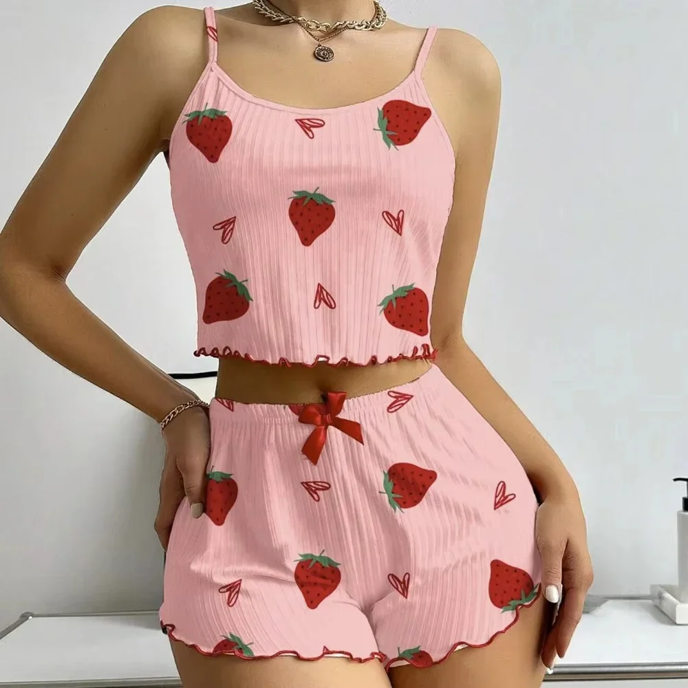 Women 2Pcs Ice Silk Ribbed Knit Sleepwear Strawberry Print Cami Top Elastic Shorts Summer Soft Ladies Loungewear Nightwear