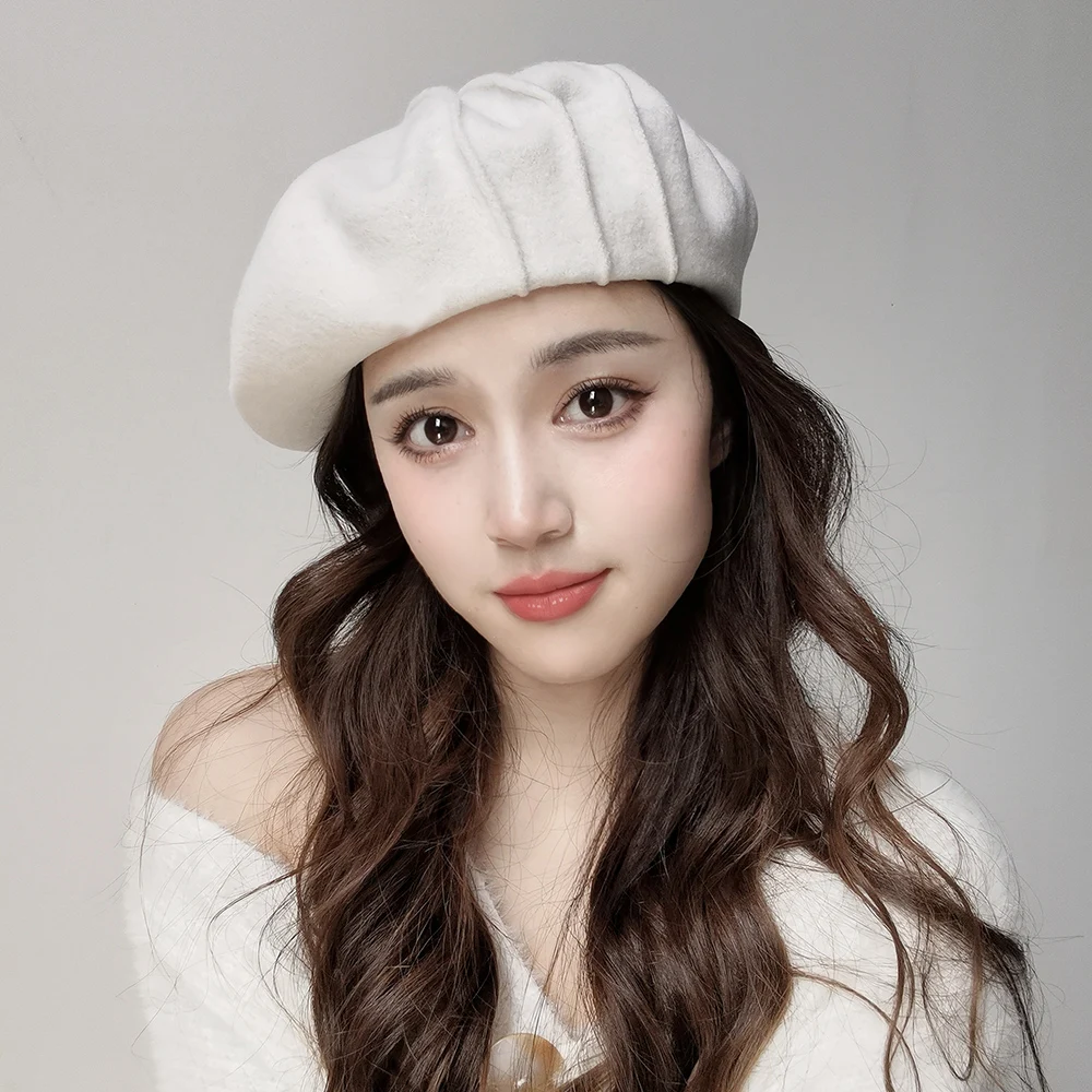 Wool beret with sewing wrinkle lines women winter fashion warm beret hat