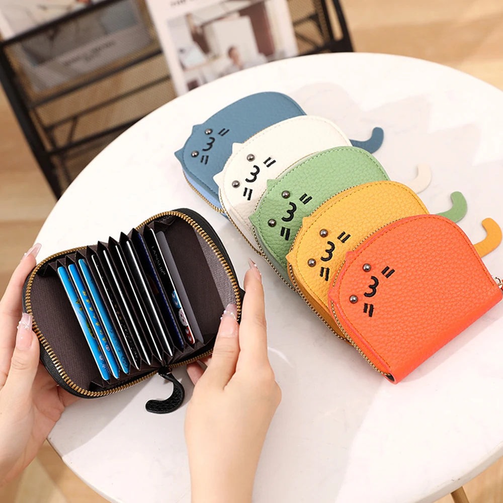 Cute Cat Card Holder Wallet Women/men Gray Bank/ID/Credit Card Holder 10 Bits Card Wallet PU Leather Protects Case Coin Purse