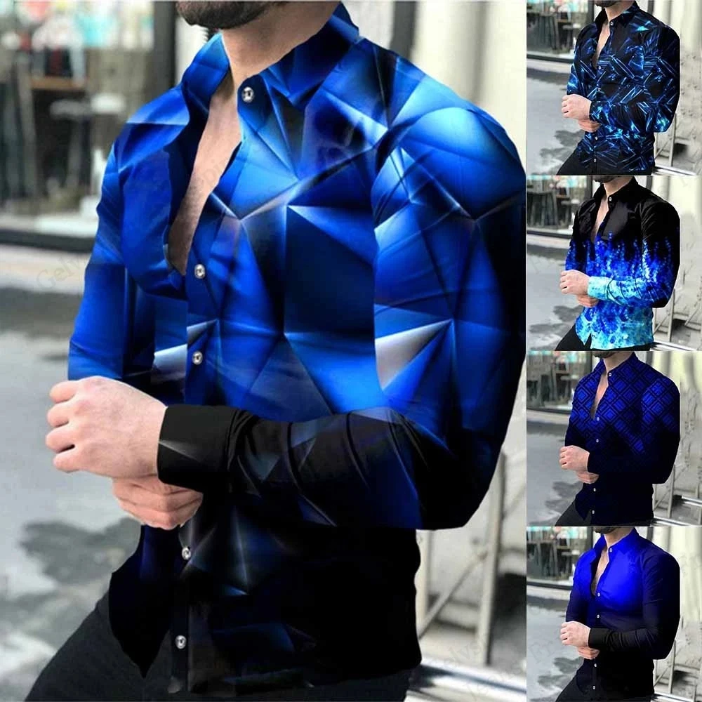 

Long Sleeve Hawaiian Shirts Blue Geometric 3d Print Shirts Men Fashion Casual Shirt Beach Blouse Men's Clothing Youth Business