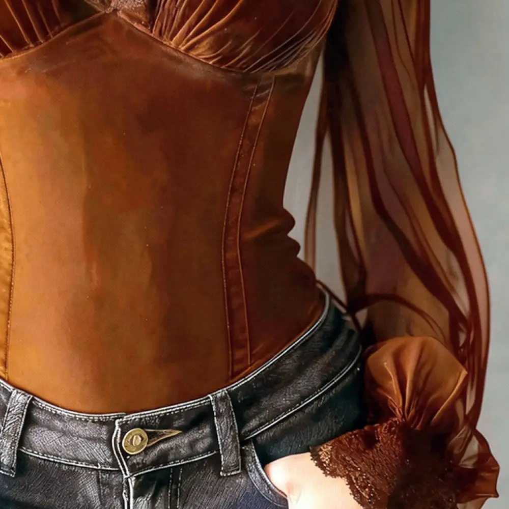 Fashion Women Mesh Splicing Blouse Flare Sleeve Hollow Out Lace Up Slim Fit Shirt Elegant Spring Autumn Casual Tops