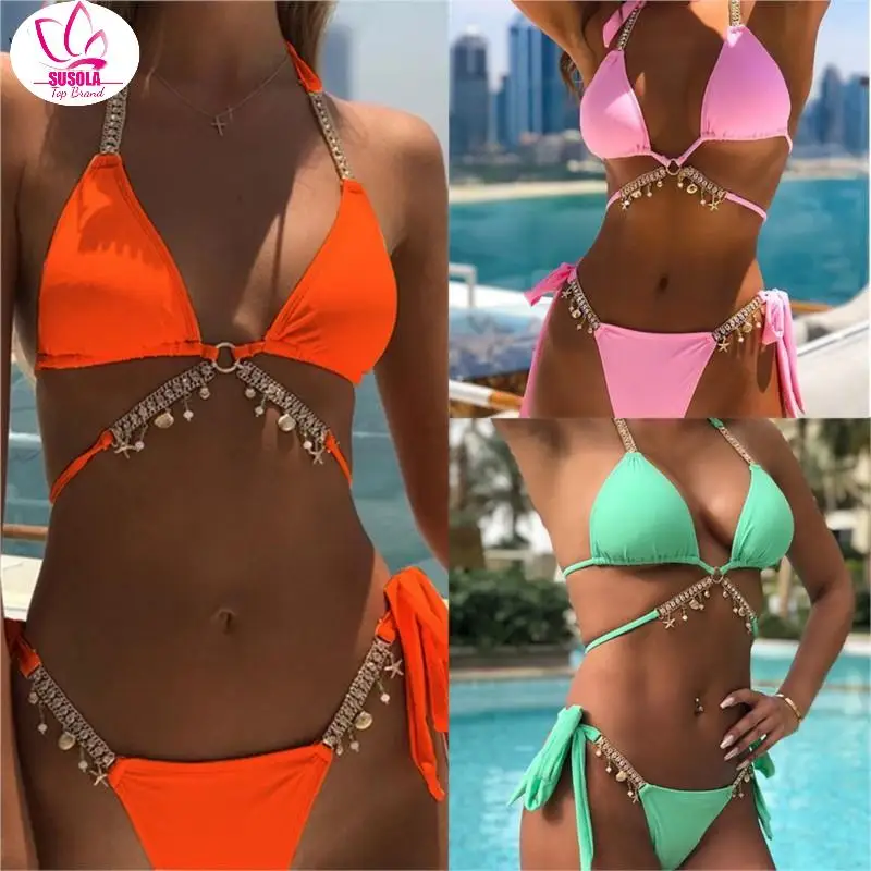 Crystal Diamond Bikini Lady Women Bandeau Swimsuit Female Halter Swimwear Two-pieces Bikini set Rhinestone Push up Bathing Suit