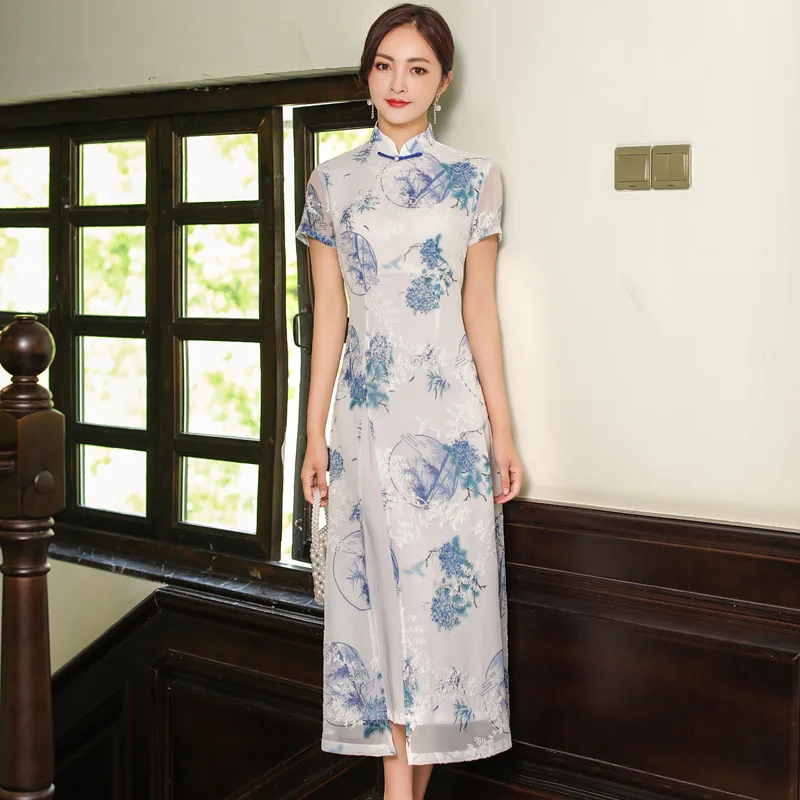 2022 Spring Summer New Improved Cheongsam Dress Long Skirt Fashion Girl Chiffon Embroidered Chinese Style Women's Clothing Qipao