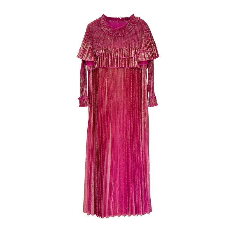 2025 Spring New Pleated Lace Dress Middle East Long Gold Silk Fabric Dress Foreign Style Women\'s Loose Clothing