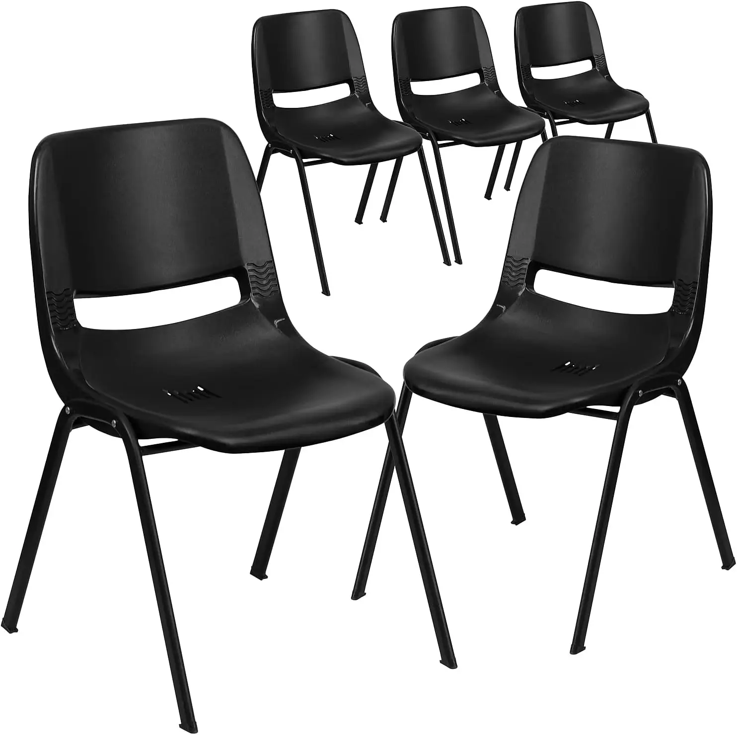 Furniture 5 Pack HERCULES Series 440 lb. Capacity Kid's Black Ergonomic Shell Stack Chair with Black Frame and 14