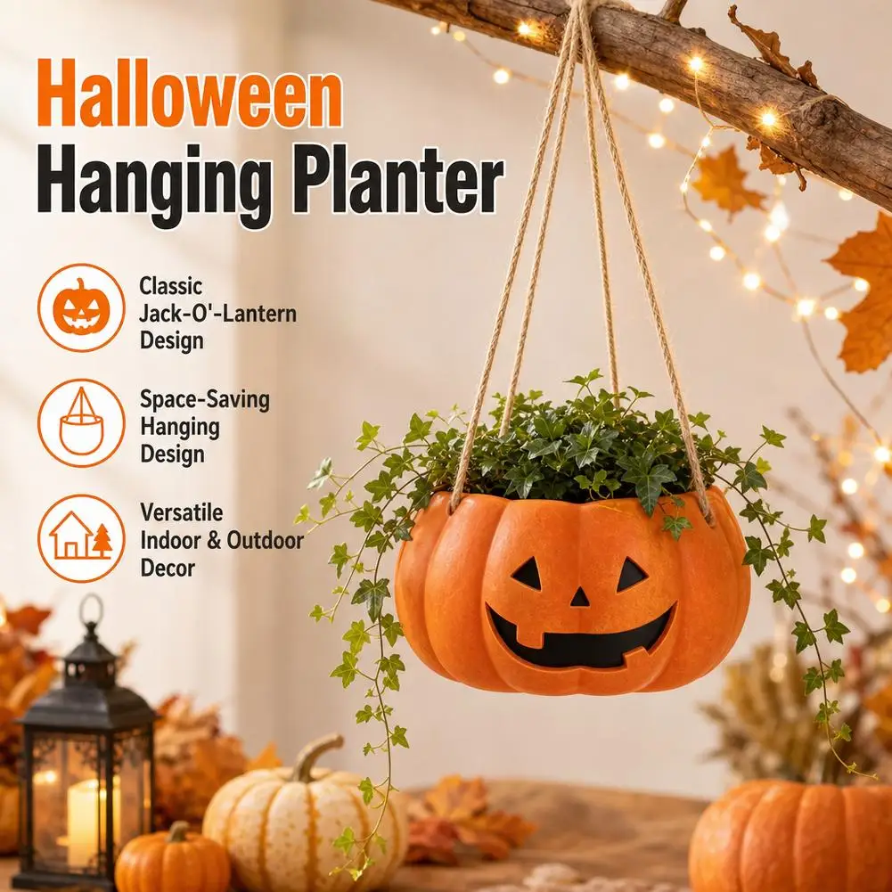 Plastic Pumpkin Hanging Planter Small Halloween Flower Pot Decorative Creative Swing Pumpkin Plant Basket