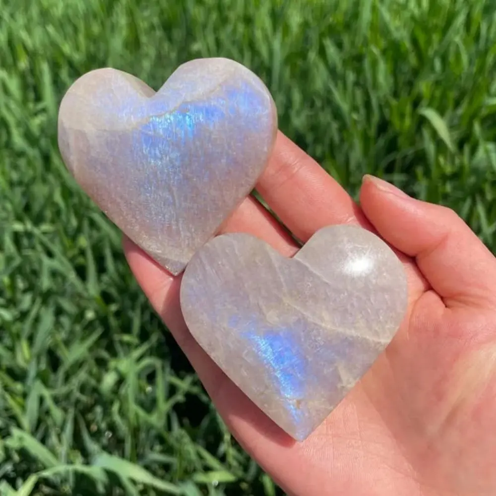 

Natural Blue Flash Moonstone Heart Shape Palm Stone Hand Polished for Crystal Meditation Jewelry Making Home Decor