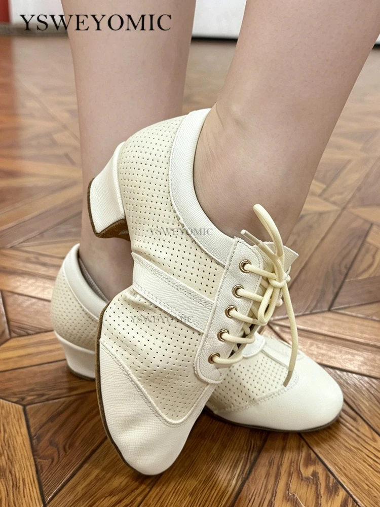New Women's Genuine Leather Latin Dance Instructor Shoes White  Soft Sole National Standard Designed for Indoor Practice Dance