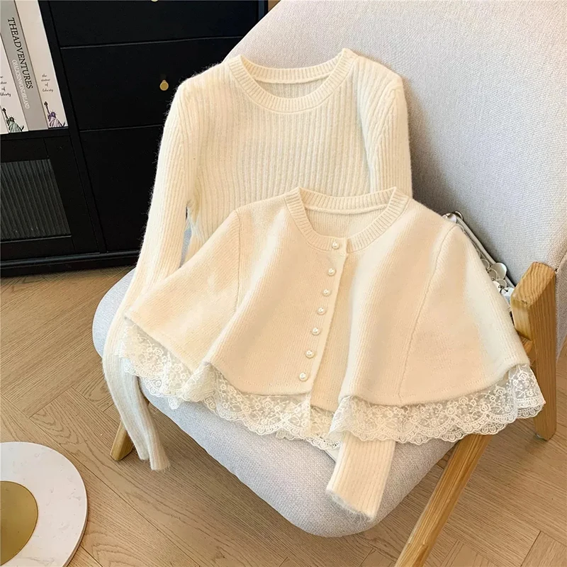 

Korean Sweet Slim Fit Sweater Women Lace Patchwork Button Casual Vintage Capes Gentle Solid Simple Office Lady Two Piece Set New