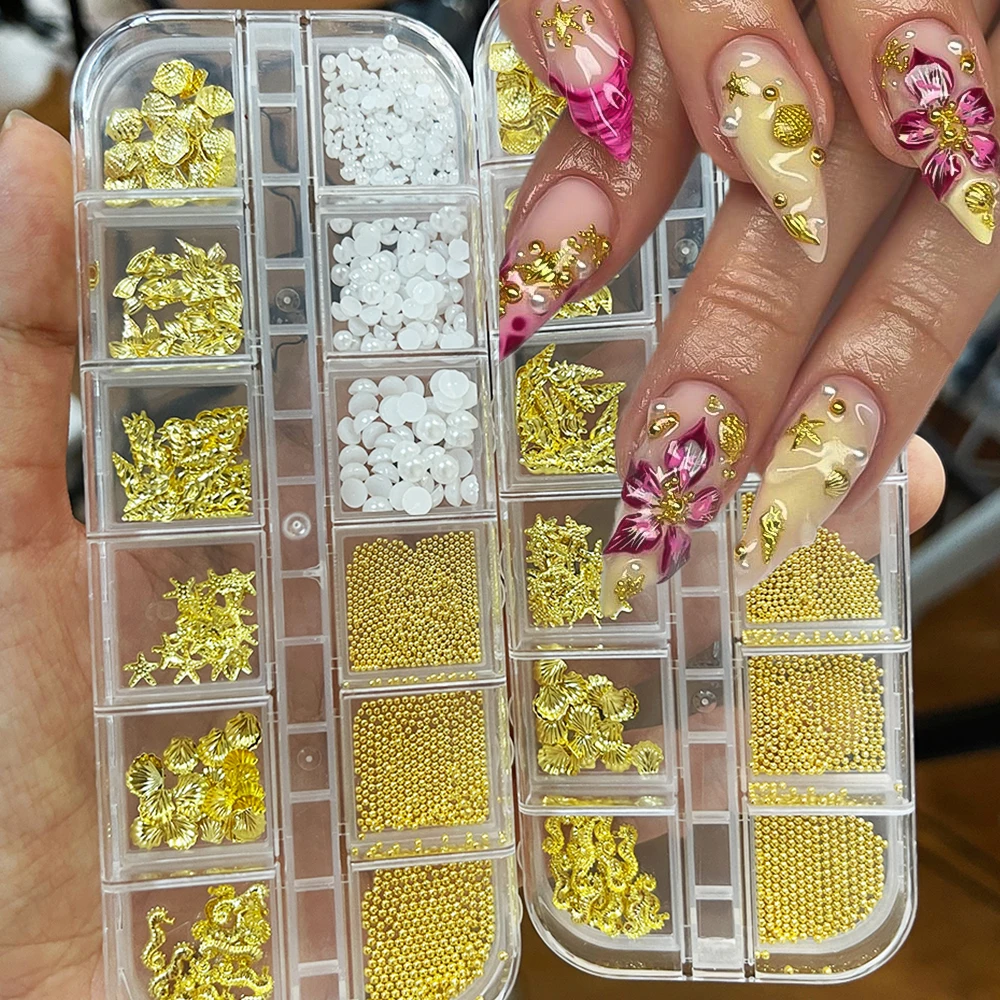 12가지 색상 골드 쉘/불가사리/진주/메탈 비즈 네일 참 3D 믹스 오션 테마 네일 아트 장식 여름 매니큐어 주얼리 액세서리