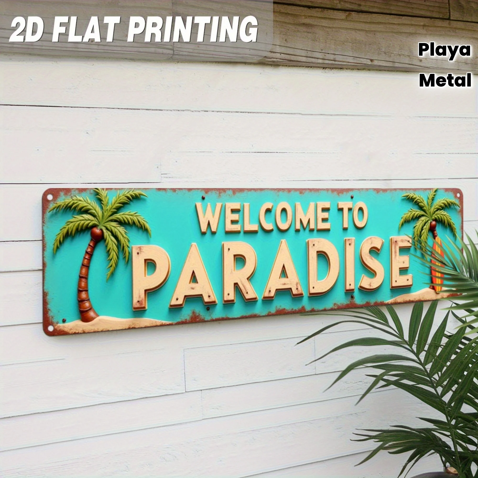 2D Flat,Metal Heaven Welcome Sign, Vintage Tropical Wall Decor with Weathered Turquoise and Coral Edges,No Electricity Required
