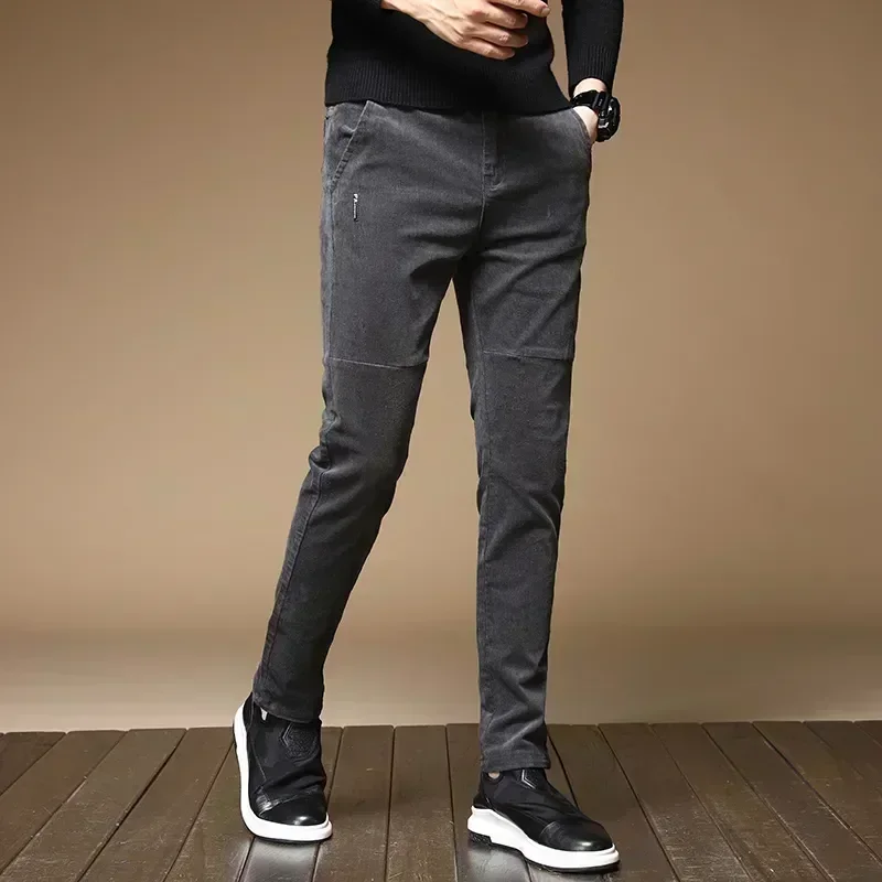 2023 New Winter Fleece Warm Corduroy Pants Men Business Fashion Slim Fit Stretch Thicken Gray Green Fluff Casual Trousers Male