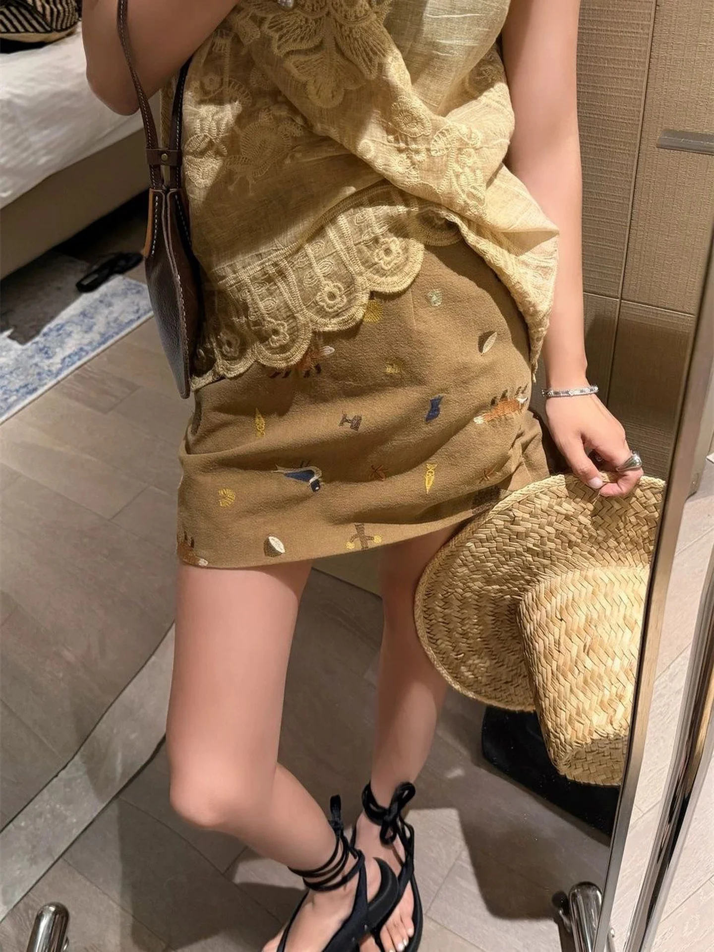 Adorable Animal Embroidered Heavyweight Casual Short Skirt Women's High Waist A-Line  Skirt Korean Style Non-Stretch Fabric