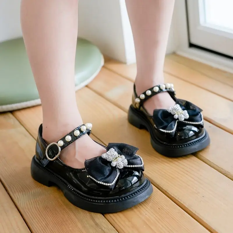 Girls Soft Sole Leather Shoes 2026 Spring Autumn New Style Black Pearl Performance Footwear for School Kids