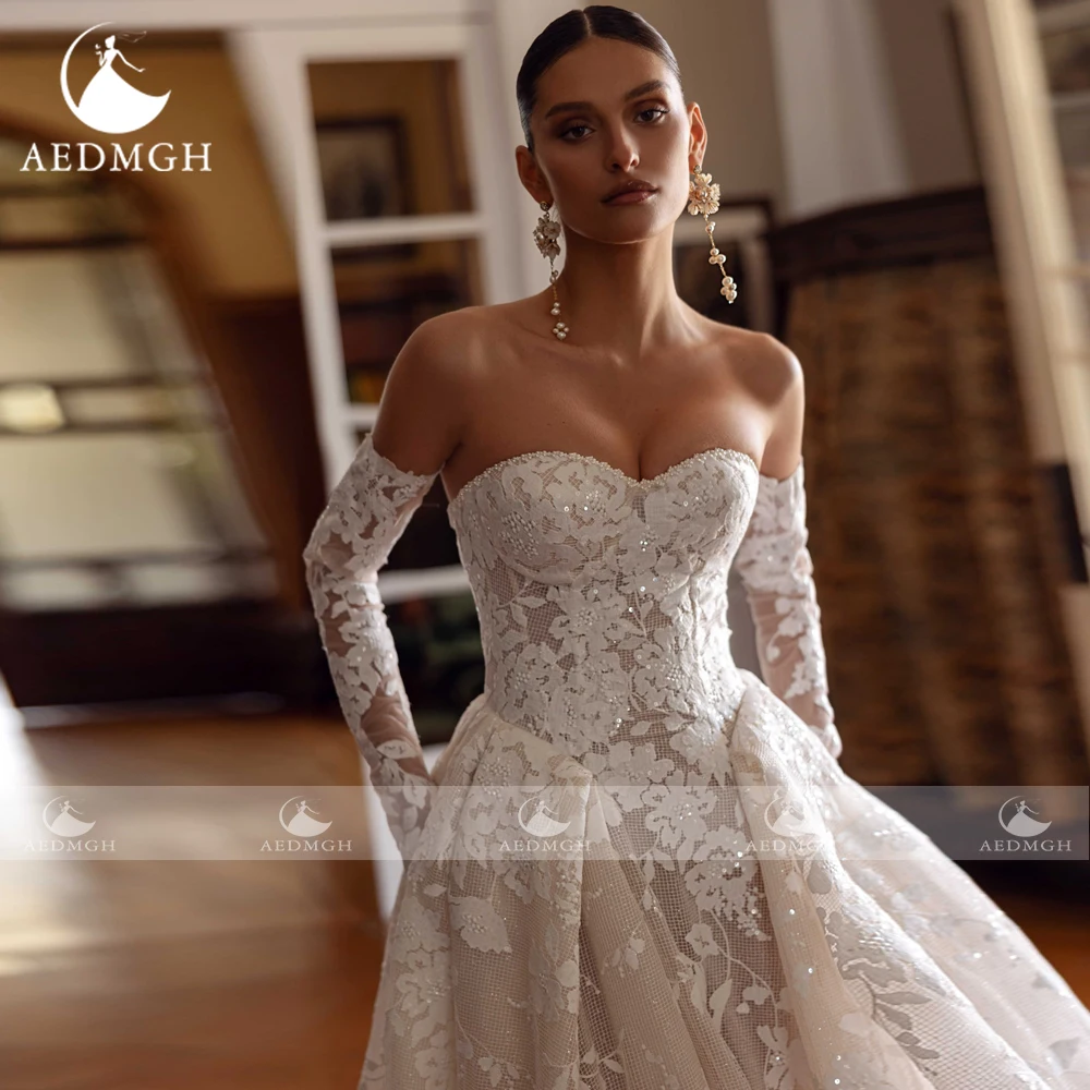 Aedmgh A-Line Elegant Wedding Dresses Strapless Long Sleeve Vestido De Novia Lace Embroidery Princess Custom Made Bridal Gown