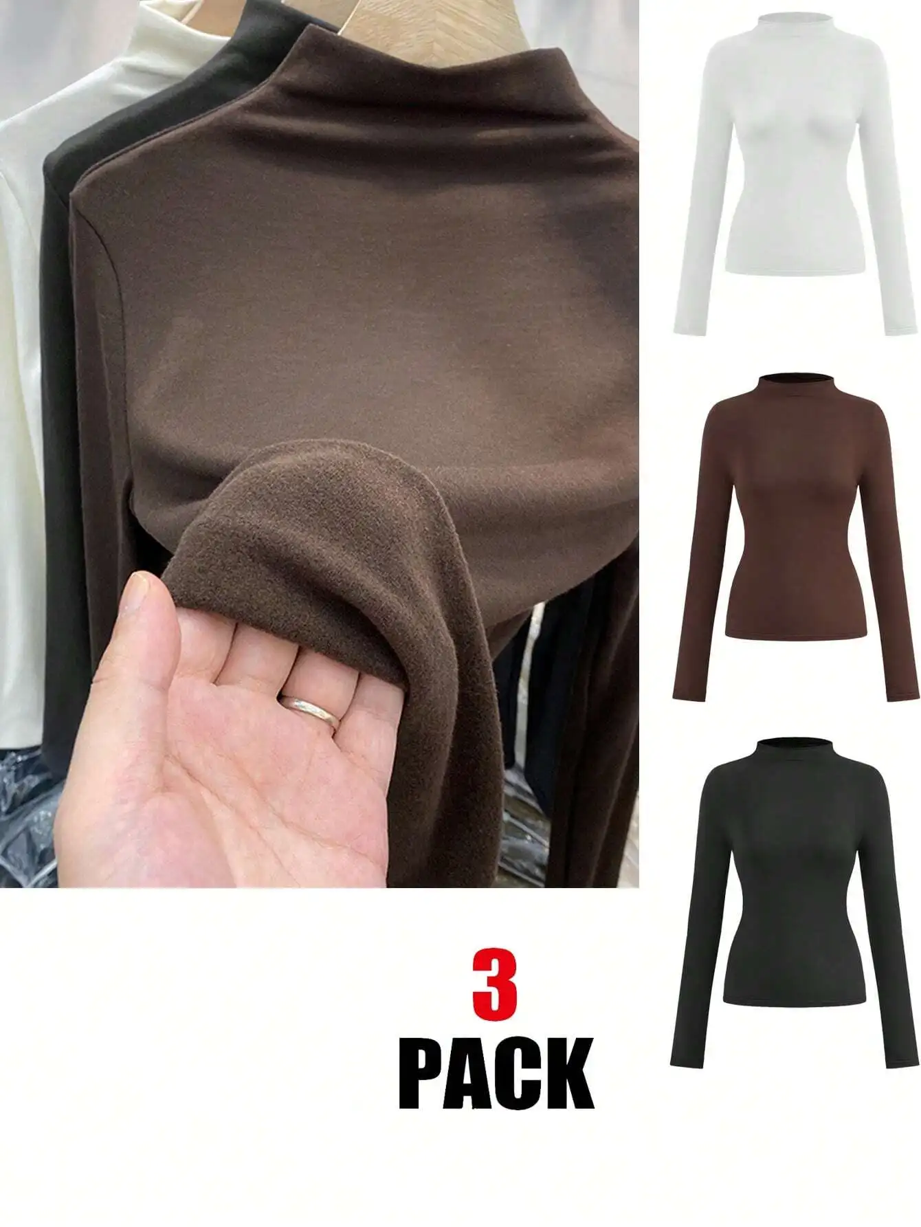 

3-Pack Women's Minimalist High-Neck Long Sleeve Base Layer Tops, Soft Stretch Fit for Fall