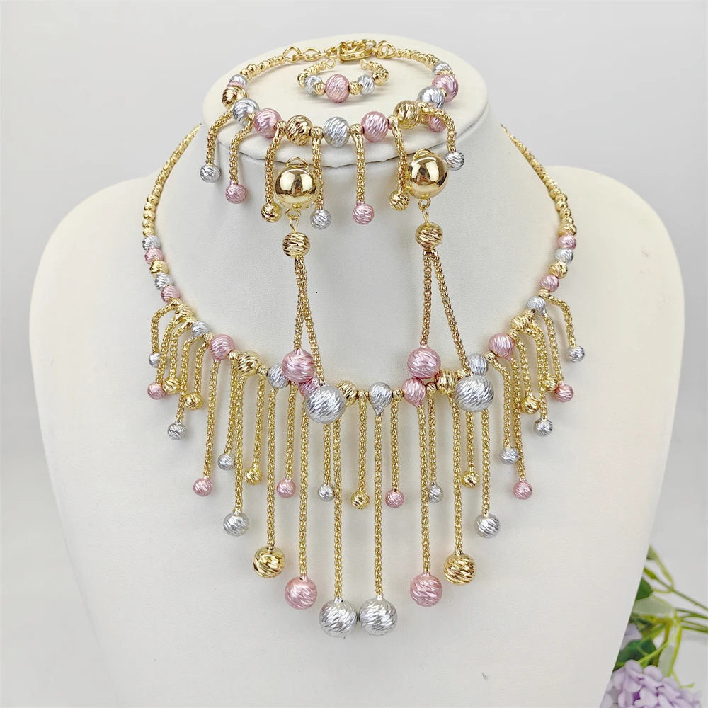 ESALE Luxury 3 Tone Jewelry Set Geometric Wave Bead Statement Necklace Earrings Bangle Ring 4Pcs Bridal Wedding Party Jewellery