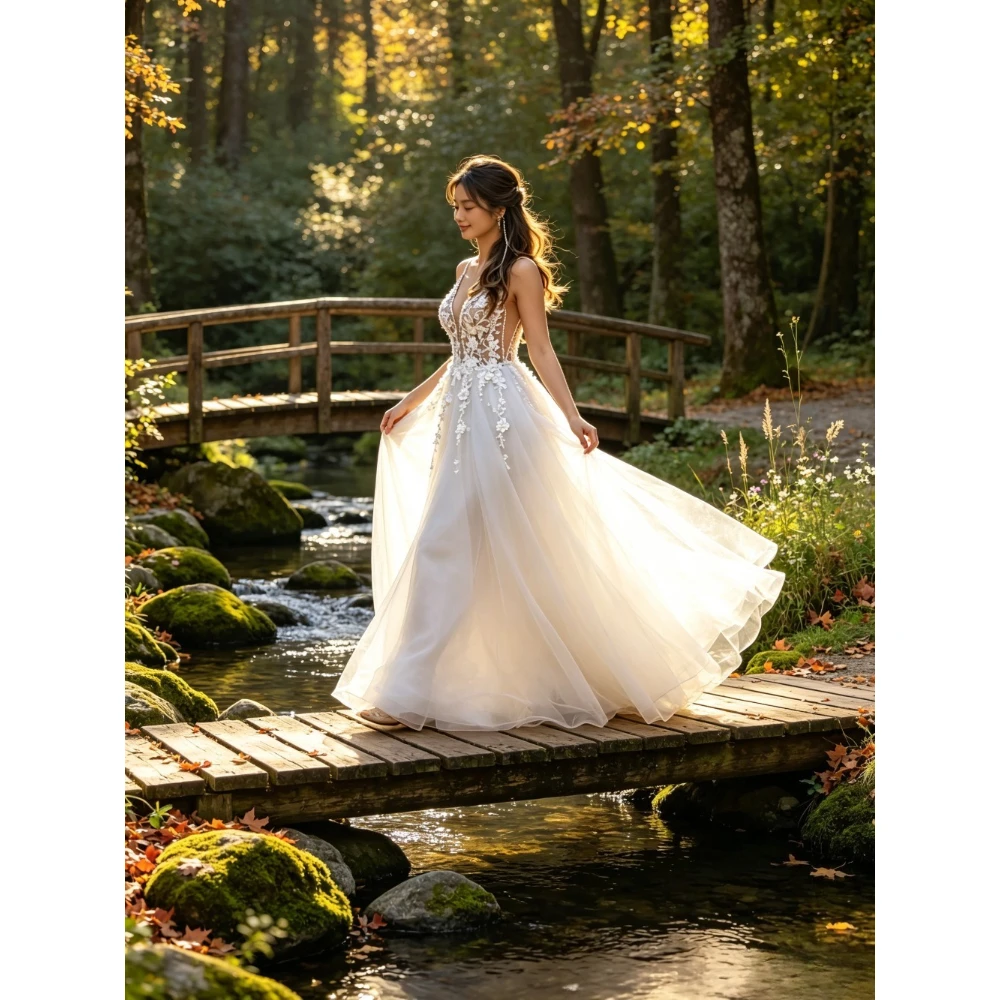Customized Sexy Deep V-neck Lace Applique Chiffon A-line Wedding Dress Romantic and Transparent Back 2026 Autumn Bridal Gown