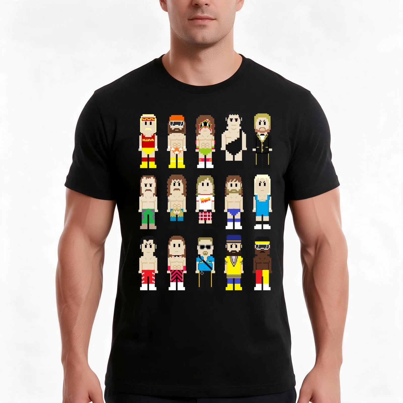 8-Bit Wrestlers! T-Shirt, Summer Casual Cotton Tee, Oversized Streetwear Tops, Vintage Graphic Print, Loose Fit Short Sleeve