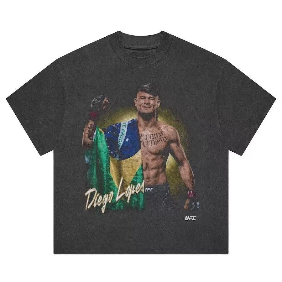 T-shirt délavé unisexe, Vintage, manches courtes, surdimensionné, boxe, tatouage imprimé, Signature, décontracté, été 2026, UFC Diego Lopes, Y2k