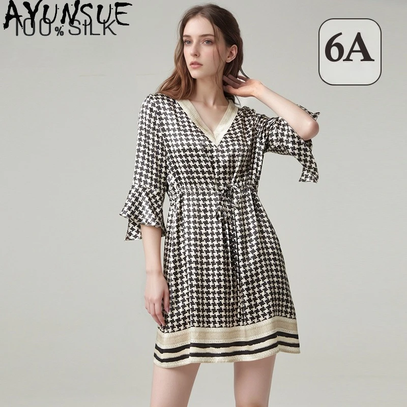 

AYUNSUE 100% Mulberry Silk Pajama 19MM Real Silk Night Dress for Women 2026 Spring Summer Clothes Streetwear Пижама Lace-up