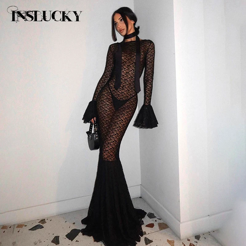 

InsLucky Sexy Lace Mesh See Through Trumpet Maxi Dress Women Flare Long Sleeve O Neck Exotic Dresses Elegant Aesthetic Bodycon