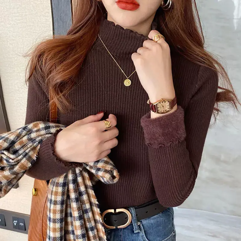 여성용 한국 하프 하이넥 스웨터, 편안한 우아한 니트 하의 셔츠, 플리스 따뜻한 긴팔 상의, 가을 및 겨울 신상