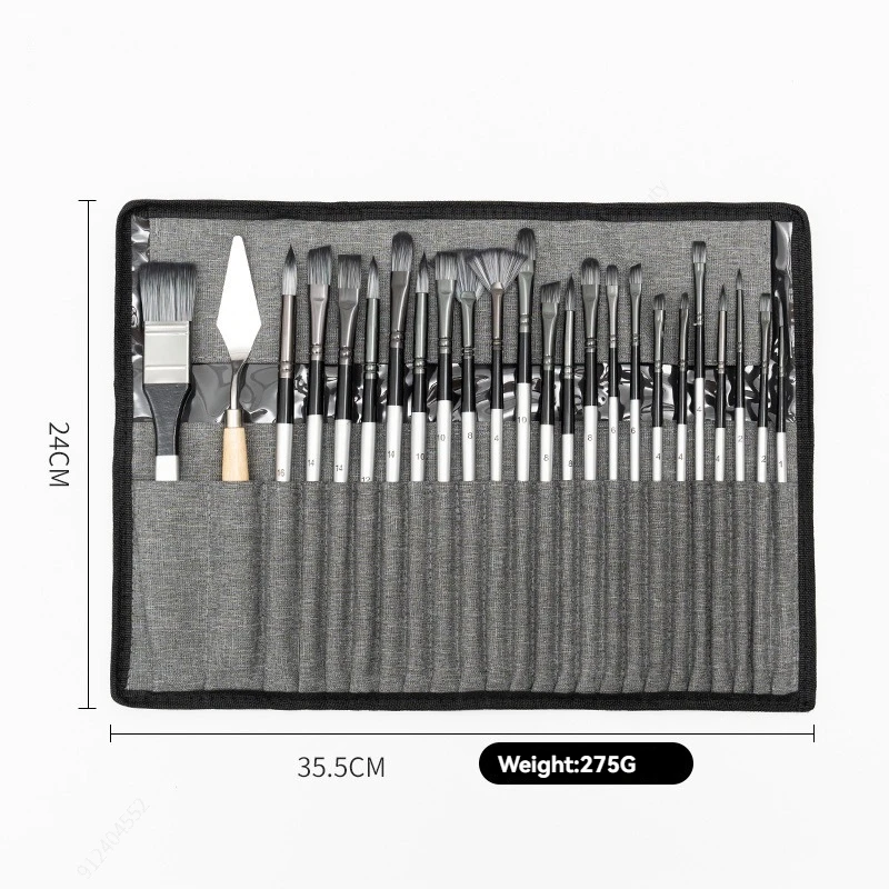 24Pcs Artist Paint Brush Set, Wooden Handle Nylon Brushes with Scraper for DIY Acrylic & Oil Painting Supplies