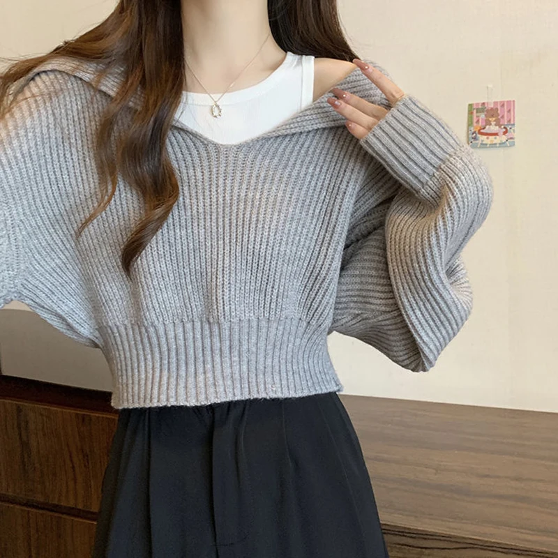 Rimocy Long Sleeve Cropped Sweater Women Autumn Winter Turn Down Collar Knitted Jumper Woman Korean Style Solid Color Jerseys