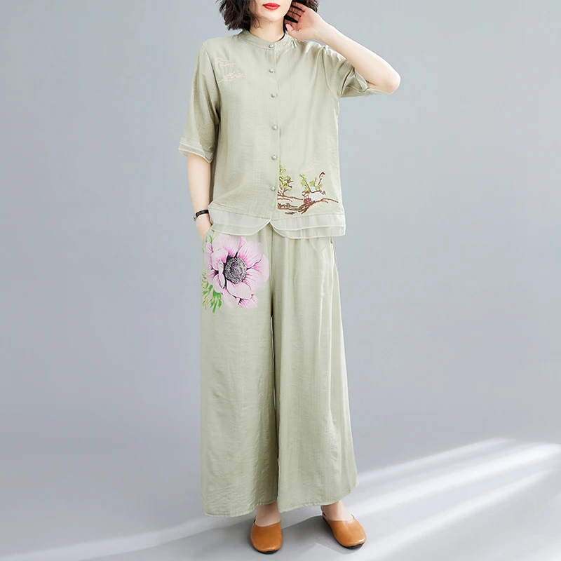 Faionable Große Damen-Baumwoll-Leinen-Hosen mit weitem Bein, zweiteiliges Set, ethnisches SLE-Sommer-Outfit, reduziert das Alter aufsehen