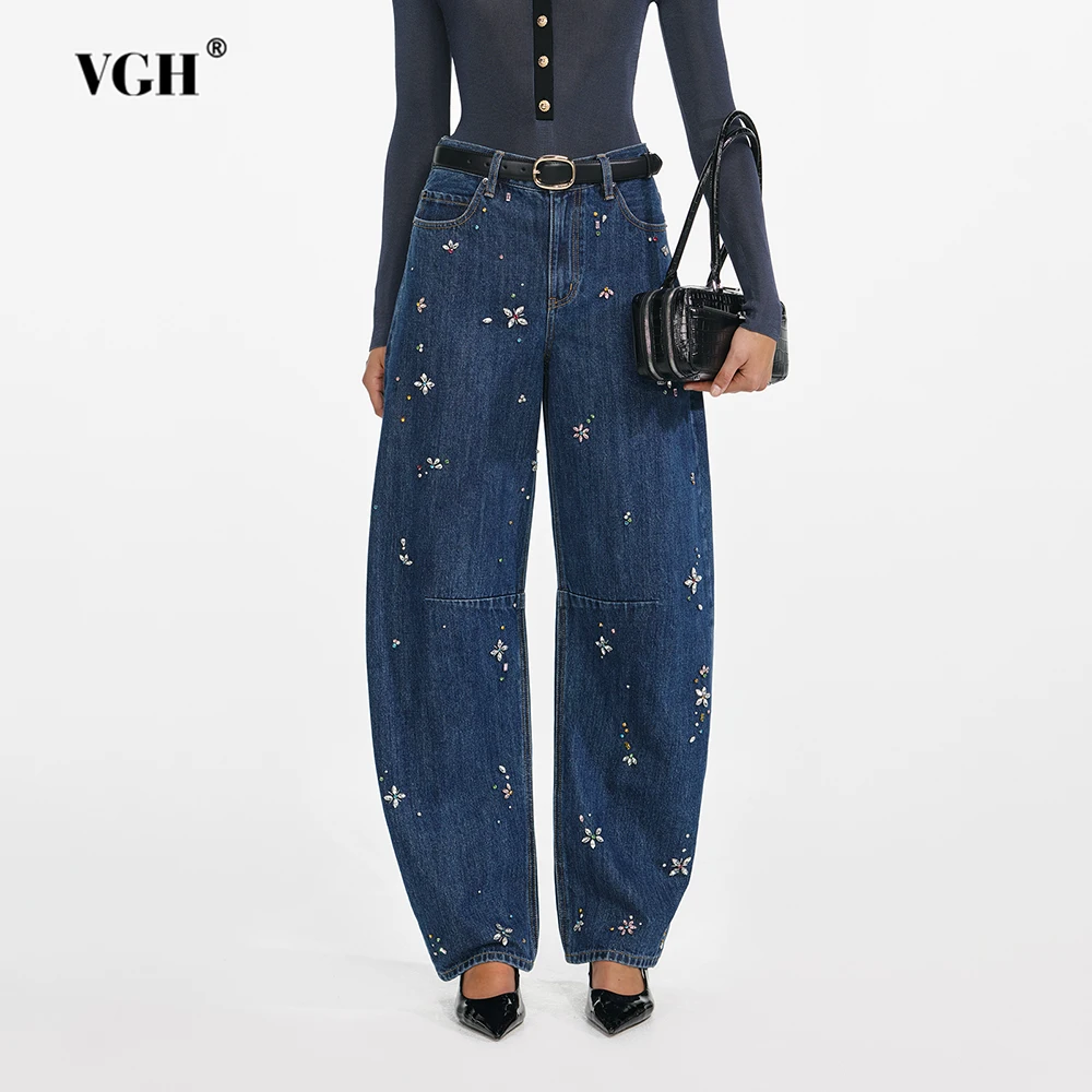 

VGH French Style Vintage Solid Denim Pants For Women High Waist Splicde Diamonds Spring Fresh Casual Trousers Female Fashion New