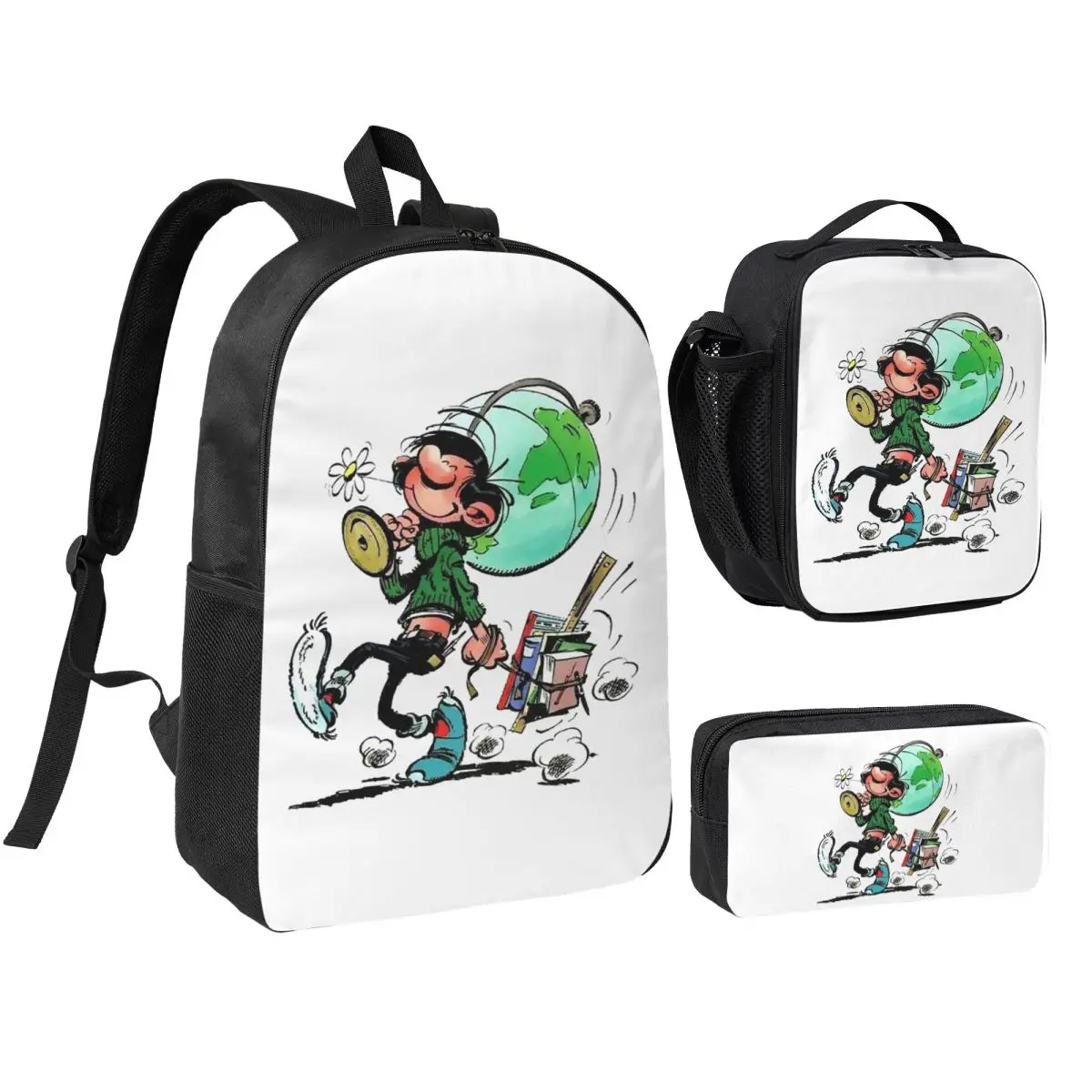

Gaston Lagaffe Backpack Boys Girls BookBag School Bag Shoulder Bags 3ps Insulated Lunch Bag Pencil Case