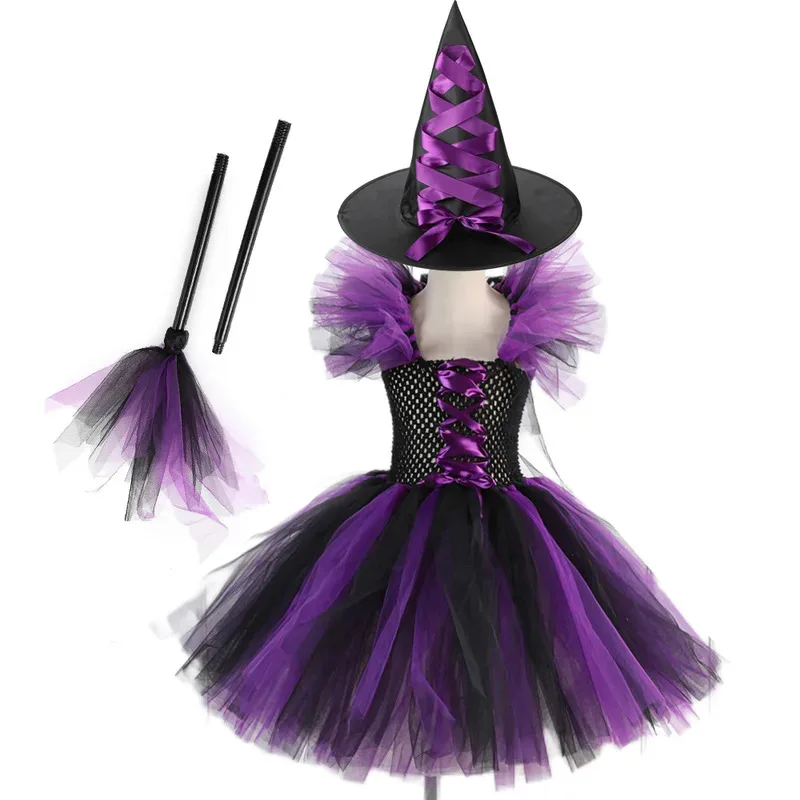 

Witch Halloween Costumes for Girls Purple Black Bat Long Tutu Dress for Kids Carnival Cosplay Outfit with Broom Hat
