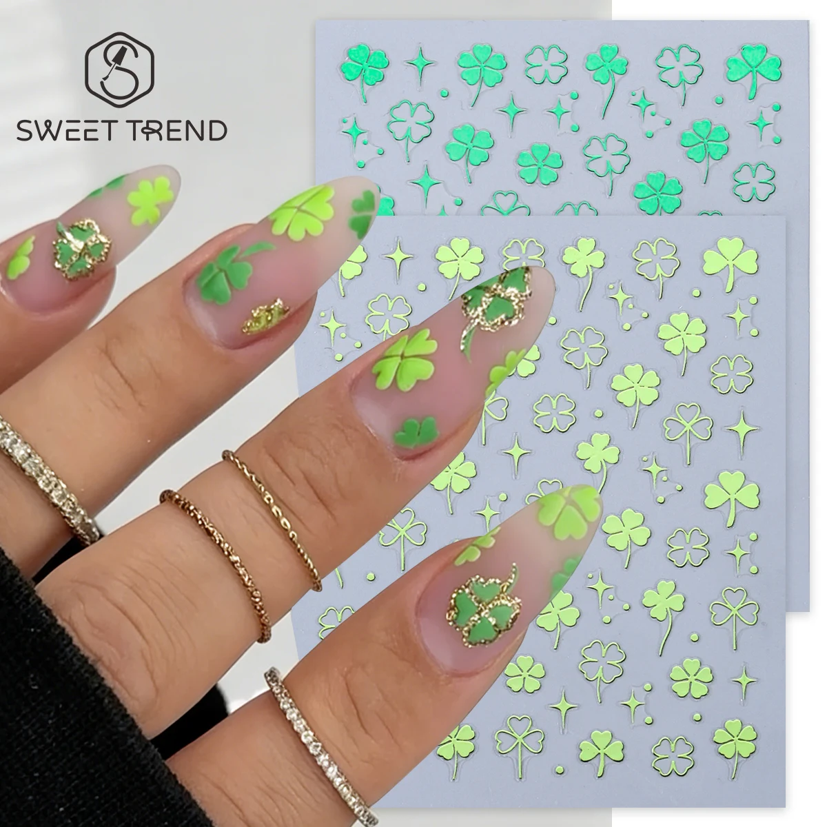 2pcs Green Four-Leaf Clover Nail Sticker Bronzing St. Patrick'S Day Design Hollow Leaf Star Adhesive Decal Spring Manicure Foils