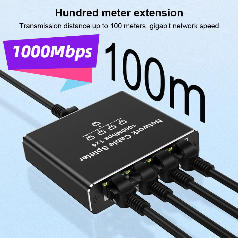 1 To 4 RJ45 Splitter High Speed 1000Mbps Network Connector Splitter HUB 4 Devices Simultaneously Networking for Cat6/7/8 Cable