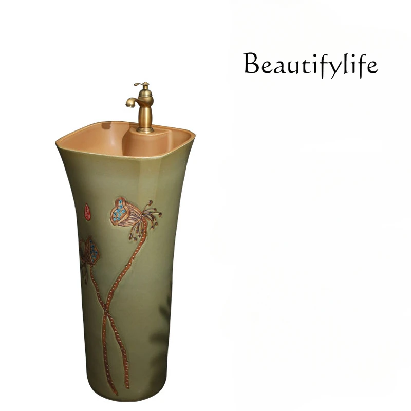 Ceramic Pillar Basin Integrated Floor Type Washbasin Balcony Courtyard Art Column Type Wash Basin