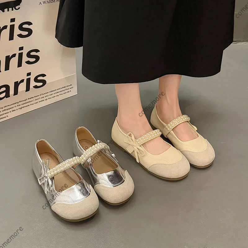 

Comemore Silver Mary Jane, женские туфли на плоской подошве, новинка 202, весна-осень, повседневные туфли на плоской подошве с круглым носком и жемчугом на плоской подошве с неглубоким носком