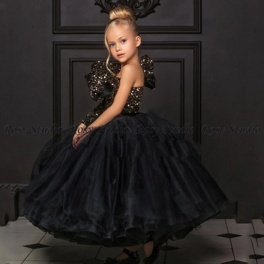 Asymmetric One-shoulder Girl's Prom Dresses Ankle Length Sequin Kid's Formal Gown for New Year Party Black Birthday Wear