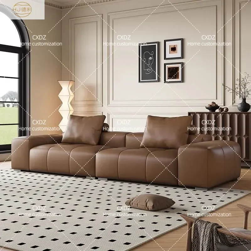 Minimalist Pixel Module Leather Sofa Tofu Block Design Large Flat Straight Row Couch for Living Room Modern Furniture