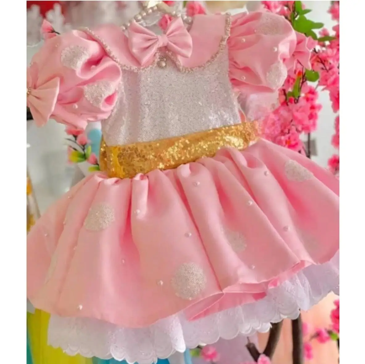 Vestidos de flores para niña, Top de lentejuelas blancas de encaje de perlas rosas con cinturón de lazo dorado, manga corta para boda, cumpleaños, vestidos de primera comunión