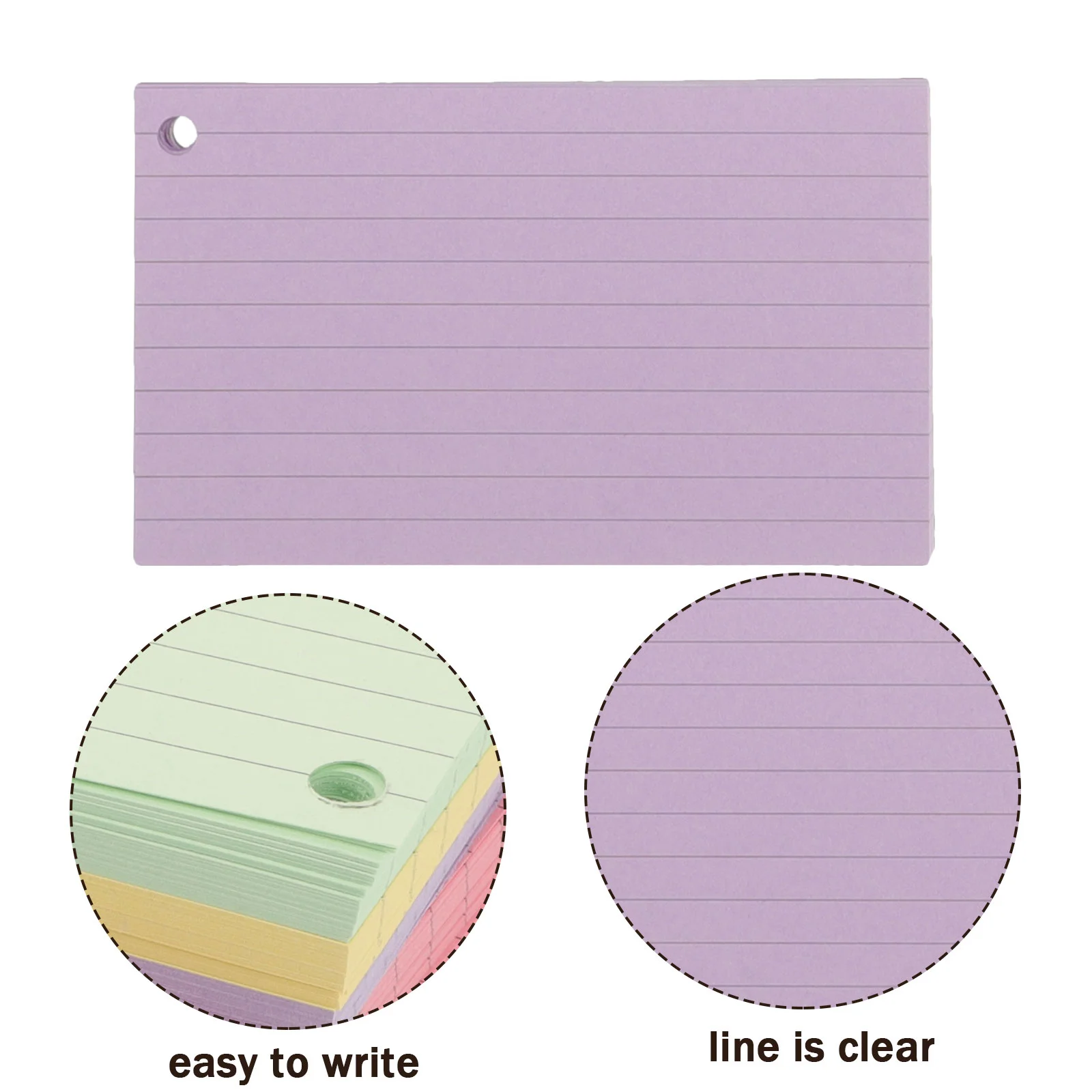 Tarjetas de índice de colores, tarjetas de estudio para estudiar, perforadas, portátiles, con agujero en blanco